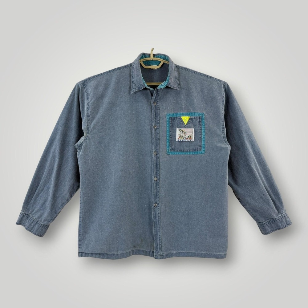 Graffiti Denim Shirt Mens XL Blue Graphic Pocket Cotton Button Up Casual